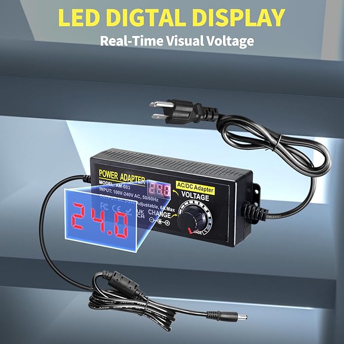 3V~24V 6A 144W Adjustable Power Supply 3V 5V 6V 9V 10V 12V 15V 18V 20V 24V Universal Variable Switching Power AC/DC Adapter,100V-240V AC to DC Converter with 14 Tips & Polarity Converter & 3Test Leads