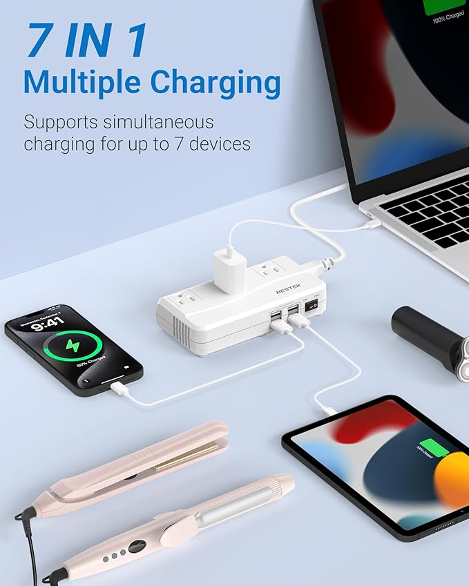 BESTEK Universal Travel Adapter 100-220V to 110V Voltage Converter 250W with 6A 4-Port USB Charging 3 AC Sockets and EU/UK/AU/US/India Worldwide Plug Adapter (03 UK Plug White)