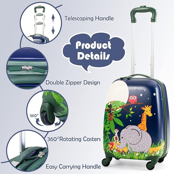 BABY JOY 2 PC Kids Luggage, 16" Toddlers Carry-on Suitcase & 12” Backpack Set, Children Travelling Case w/ 4 Casters & Retractable Handle, Lightweight Trolley Case for Boys & Girls (Elephant)