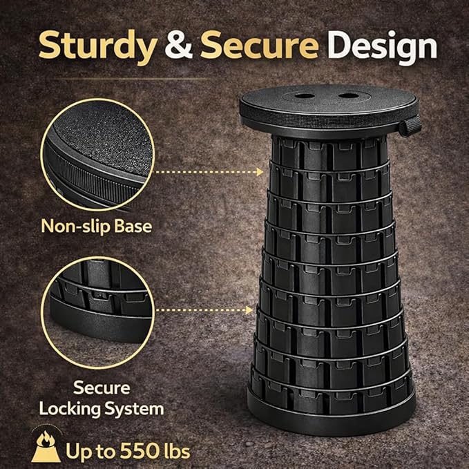 Telescoping Folding Camping Stool, Portable Adjustable Height Outdoor Chair, 1-Second Setup, Compact Lightweight for Camping, Fishing, Hiking (Black)