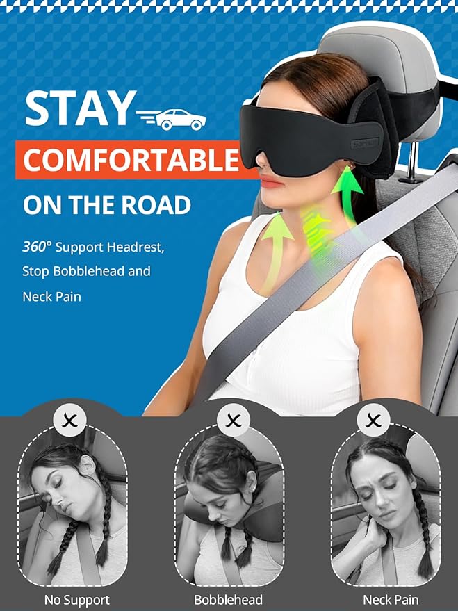 SARISUN Travel Pillow, Car Travel Pillow with 3D Eye Mask for Sleep, 360° Head Support Strap for All Car Seat, Road Trip Essentials, Stop Bobblehead, Black