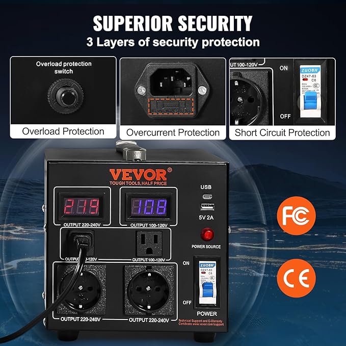 VEVOR Voltage Converter Transformer, 2000W, Heavy Duty Step Up/Down Transformer, Convert from 110 Volt to 220 Volt and from 220 Volt to 110 Volt, with US Outlet EU Outlet 5V USB Port, CE Certified