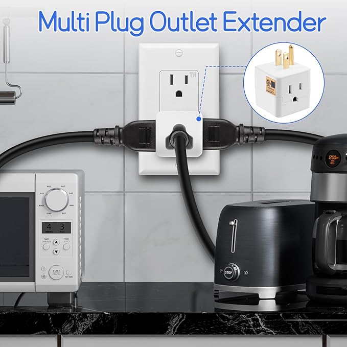 Outlet Splitter 3 Prong, Grounded Plug Extender, UL Listed 3 Outlet Wall Adapter Cube Tap, 90 Degree Wall Tap Triple Power Adapter, 3 Way Multi Outlet Plug Power Outlet Expander for Home or Travel