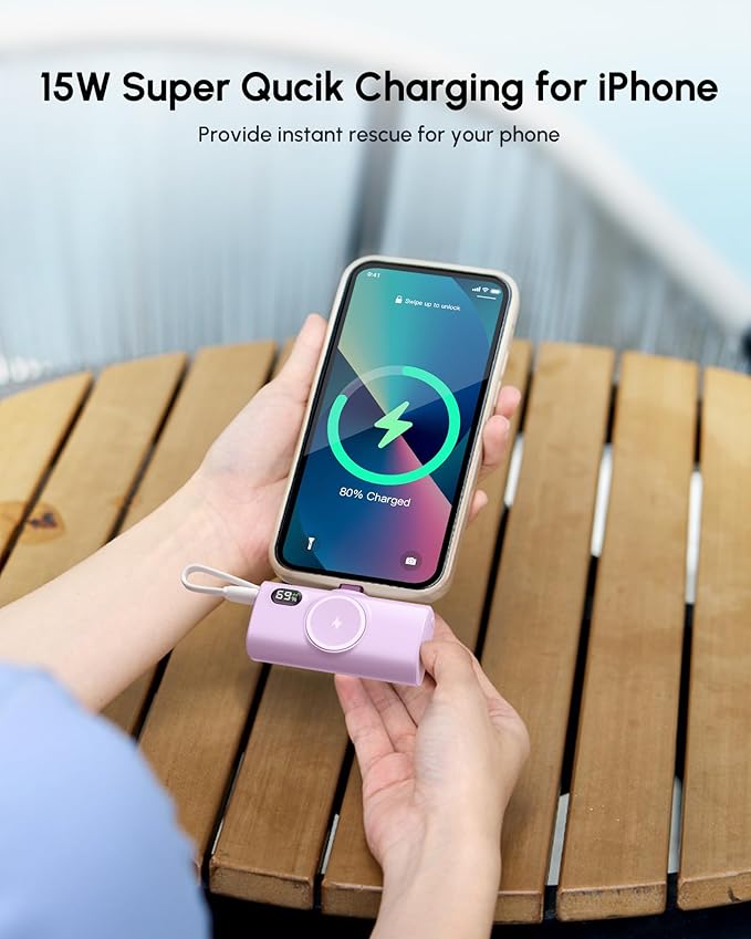 Mini Purple Power Bank Compatible for Lightning Port,100g 5000mah Small Portable Charger for iPhone 14 Plus/14/14 Pro Max,Battery Pack with Digital Display Compatible With iPhone 13/12/14 series