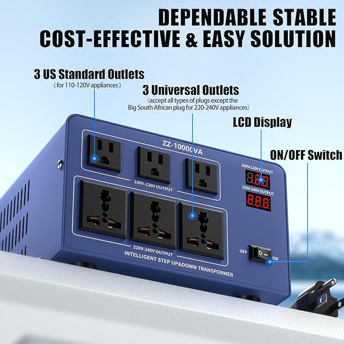 10000W Voltage Converter Transformer Step Up/Down 110V/120V to 220V/240V, Auto Voltage Recognition, Heavy Duty Power Converter with 6 Outlets, LCD Display & Circuit Breaker for Home, International Use