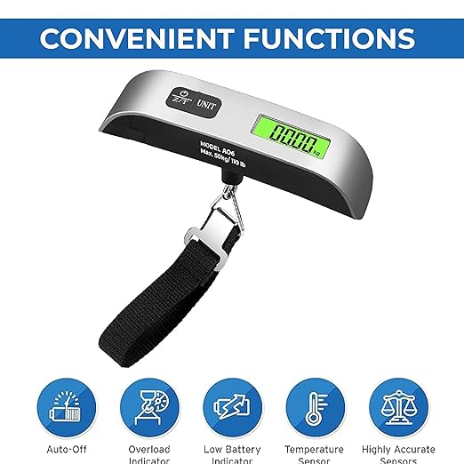 Luggage Scale, Digital Portable Handheld Suitcase, Travel Hanging Baggage with Backlit LCD Display, 50kg/110Pounds, Silver