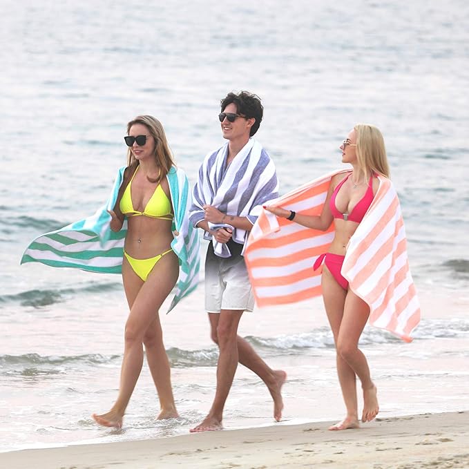 HENBAY Cotton Oversized Beach Towel - Large 70 x 35 Inch Pool Towel, Green Striped Quick Dry Swimming Cabana Towel