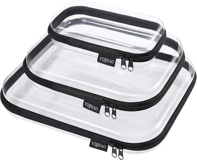 YQBRAO 3-Pack Clear Hard Shell Zipper Case Black, 1.2mm Heavy-Duty Crush-Proof Travel Makeup Bag, Multi-Size (L+M+S) Diaper Bag Organizer Pouches, Rigid Clear Zipper Pouches for Tech, Toys & Home