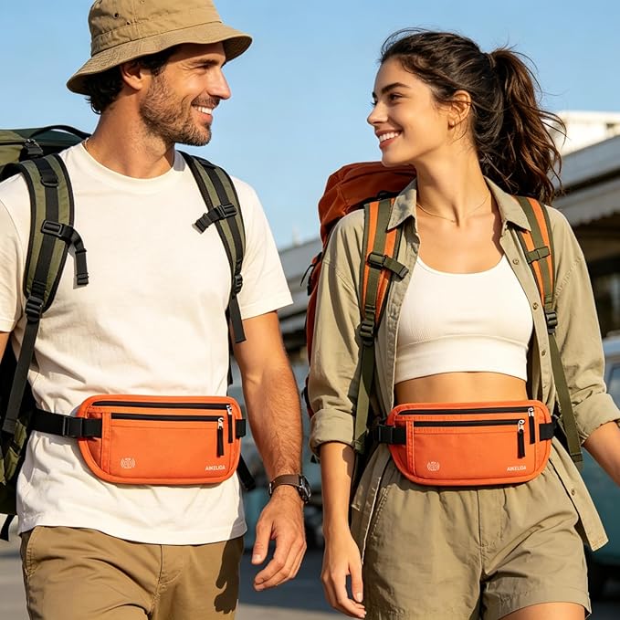 RFID Blocking Money Belt - Passport Holder & Travel Wallet, Slim Hidden Fanny Packs for Women Men - Orange