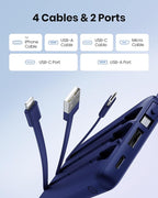 Portable Power Bank, Compact 10000mAh Portable Charger with 4 Cables, USB C Battery Pack 5 Outputs 2 Inputs LED Display Compatible with iPhone/Android & More (Navy Blue)