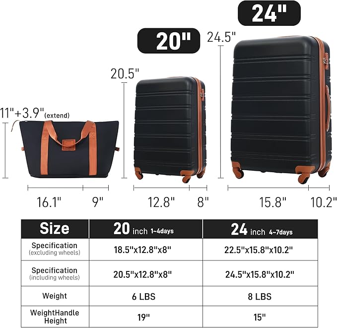 2 Piece Luggage Sets with Travel Bag, Lightweight Expandable Checked Luggage Sets, Hardshell ABS Spinner Wheels Carry on Suitcase with TSA Lock, for Travel, Women Men, 20 IN&24IN, Black Brown