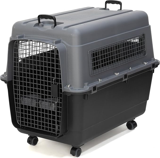 SportPet Airline Compliant X-LARGE 35.5" Travel Dog Kennel-Durable Plastic Airline Pet Carrier w/Removable Wheels & Food Bowls, Collapsible Indoor/Outdoor Dog Kennel, Dogs up to 32"L & 23"H-Dark Gray