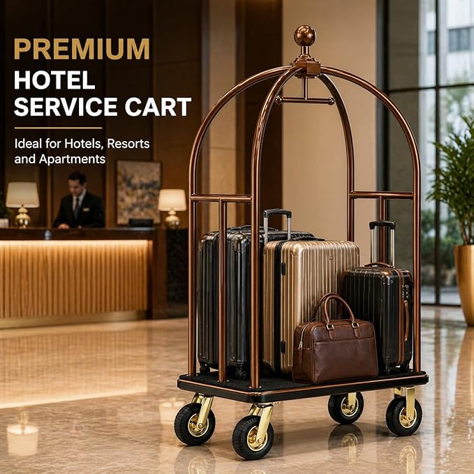Hotel Luggage Cart, Heavy Duty Bellman Cart with 1600 lbs Capacity, 8" Silent Wheels, Stainless Steel Rolling Luggage Trolley with Carpet Deck for Hotels, Resorts & Apartments(Champagne)