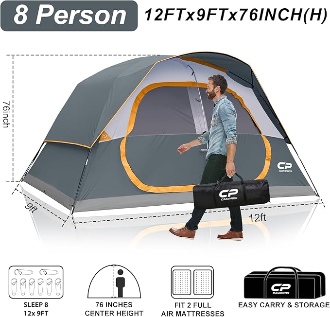 CAMPROS CP Upgraded 6/8 Person Camping Tents, Waterproof Windproof Family Tent with Larger Mesh Windows & Door, Double Layer, Easy Set Up, All-Season Dome Tent with Top Rainfly & Carry Bag