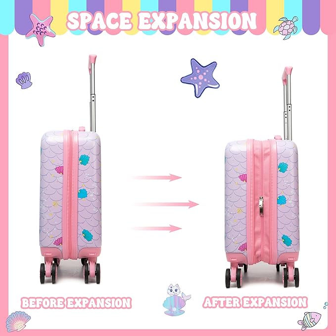 Cute Cat Kid's Luggage Set: 2 Piece Hardside Spinner Wheels Suitcase Set, 16' Airline Approved, Pink Cat Pattern, Ages 5+