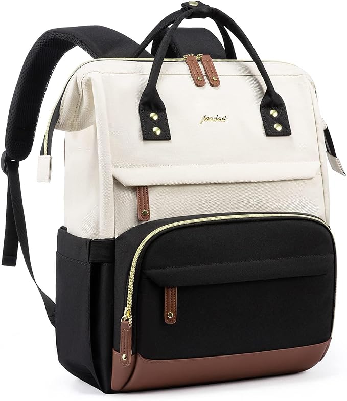 Focdod Laptop Backpack for Womem Work Bags: 18 Inch Anti Theft FashionTravel BackPacks With USB Charging Port Durable Back Pack Purse Bussiness Daypack for Nurse Teacher Beige Black Brown