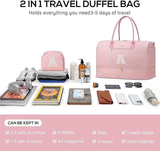 Letter Weekender Bags for Womens- Duffle Bag with Shoe Compartment Personalized Overnight Bag with Toiletry Bag Duffel Bags for Gym Hospital Bags Gift for Women Pink (Letter A)