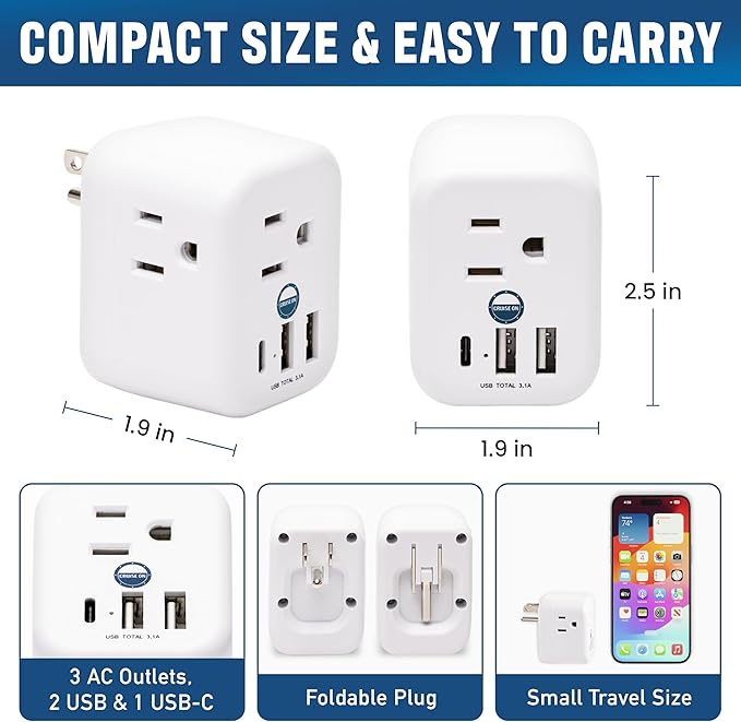 Cruise Approved Power Strip Foldable, Non Surge Protector Travel Power Strip, Multi Plug, 6 Outlets, 2 USB-A, 1 USB-C, & 3 AC Outlet for Carnival, Celebrity, Princess, & Major Lines in 2026 & 2027