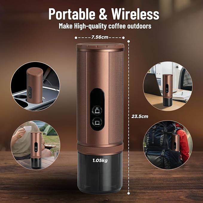 Portable Coffee Machine: Electric Espresso Machine - Portable Coffee Maker for Travel - Rapid Heating - 8 Cups of Coffee Per Full Charge - Compatible with Nespresso Capsules - Brown