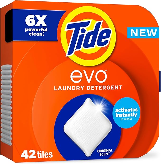 Tide evo Original Scent Laundry Detergent Fiber Tiles Works on 100% of Common Stains Safe for All Machines and Water Conditions Concentrated HE Compatible Clean and Instant Dissolve, 42 Count