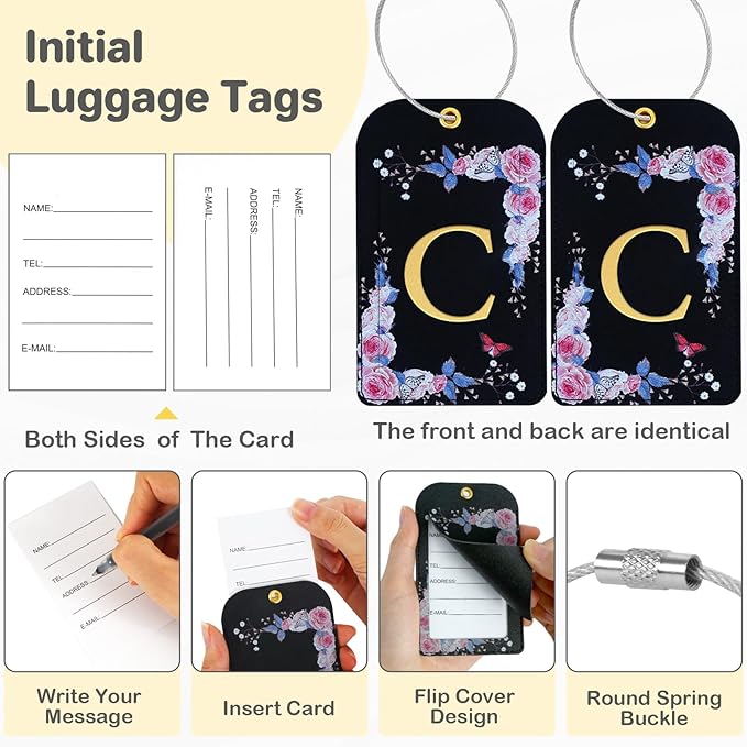 3 Pack Luxury Floral Luggage Tags, Durable PU Leather Suitcase Tags with Stainless Steel Cable Strap, Hidden ID Slot for Privacy Protection, Easy to Identify Waterproof Travel Accessories Gift (C)