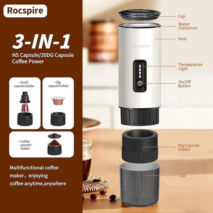 3-in-1 Portable Espresso Maker 20 Bar Self-Heating Stainless Steel Fits Ground Coffee & Nespresso Capsules USB-C Rechargeable for Camping Car Hiking Office