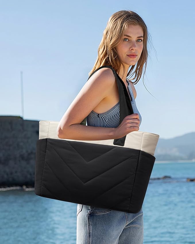 LOVEVOOK Tote Bag for Women, Puffer Work Travel Handbag with Zipper for Teacher Nurse, Quilted Cute Laptop Shoulder Gym Bag