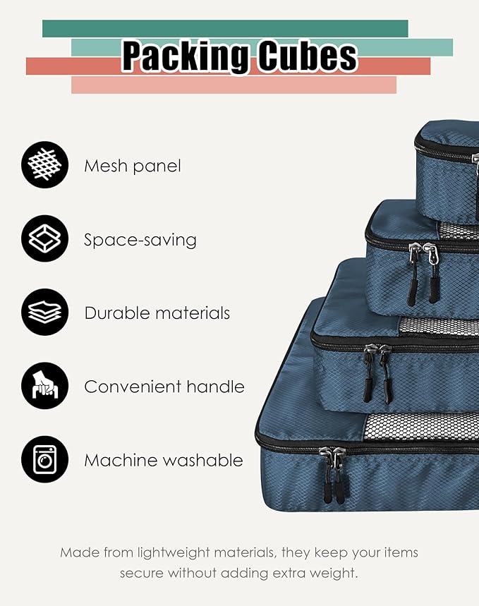 WTREE 4-Piece Packing Cubes Travel Accessories Set for Suitcases - Luggage Organizer Bags with Double Zipper - Mesh Top - Small/Medium/Large/Slim - Dark Blue