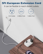European Travel Plug Adapter, US to UK Europe Power Strip for EU/UK/US with 5ft Extension Cord, 3 USB Ports 3 AC Outlets, International Travel Power Strip, Type C for Europe EU Germany France