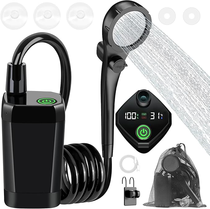 Fotgear Portable Camping Shower - 6000mAh Rechargeable Outdoor Shower with LED Display - IPX7 Waterproof Camping Shower Kit for Hiking, Travel, Car Washing, RV, Pet Bath