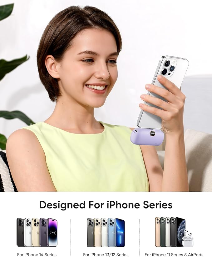 Kuulaa Portable Charger with Built-in Lightning Cable 5000mAh Small iPhone Fast Charging Mini Portable Phone Charger for iPhone 14/13/13 Pro/12/12 Pro/11/XR/XS/X/8/7/6, Purple