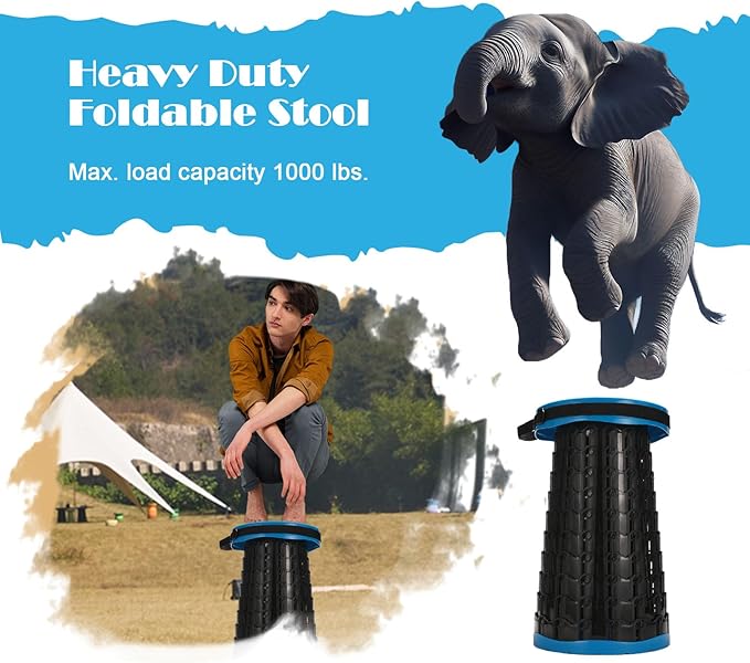 Spisces Upgraded Collapsible Stool with Cushion, 1000 lbs Capacity & 19.7-in High, Wider & Taller Heavy Duty Portable Telescoping Foldable Seat for Adults Camping, Travel, Music Festivals, Outdoors