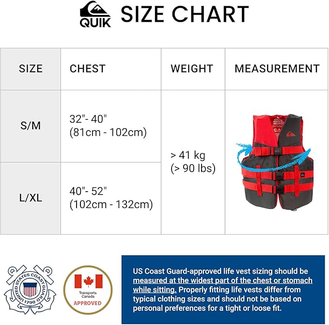 QUIKSILVER USCG Approved Men's Life Jacket Type III PFD, Lightweight EPE Foam Life Vest for Adults, for Waterskiing, Wakeboarding, Windsurfing, Rafting, Boating, Kayaking, Fishing Watersports