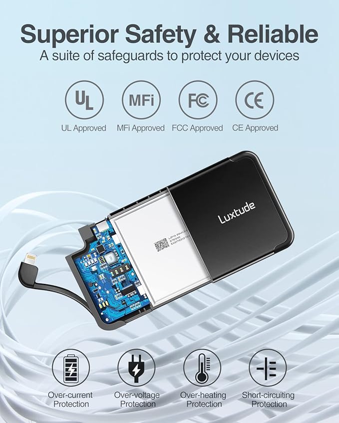 Luxtude Portable Charger iPhone Built in Lightning Cable (MFi Apple Certified), Ultra Slim Portable Phone Charger Thin Battery Pack, 5000mAh Power Bank for iPhone 14/13/12/11/10 etc. (Metal Black)