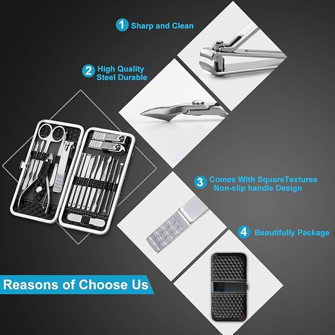 Yougai Nail Clippers Set - 18 Pcs Professional Manicure Pedicure Kit for Men Women, Stainless Steel Fingernail Toenail Clippers Cutters, Nail Care Grooming Tools with Leather Travel Case