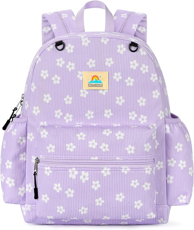 STEAMEDBUN Corduroy Kids Backpack for Girls and Boys 5-8: Girls Backpack for Elementary Kindergarten - 15 inch Cute Backpacks for Kids - Floral