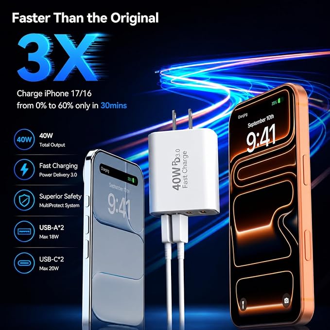 USB C Wall Fast Charger Block, 40W 4-Port Type C Charger Fast Charging Blocks PD Power Charger Adapter+QC 3.0 USB Multiport Charger Brick for iPhone 17/16/15/14/13/12 Pro Max, iPad, Galaxy S25-2Pack