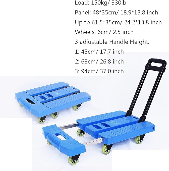 Foldable 6-Wheel Hand Truck with Extendable Handle - 330 lbs Capacity Lightweight Cart for Home Office Travel Luggage Moving Compact Trolley