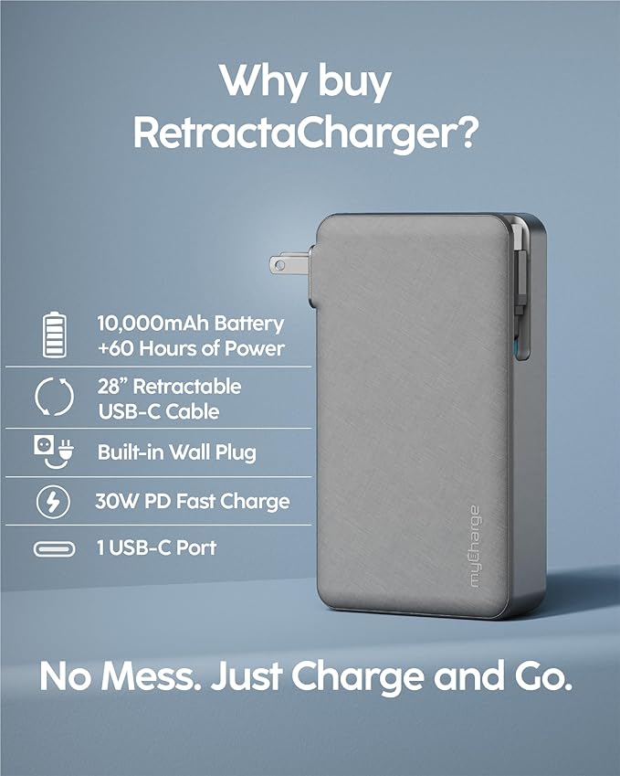 myCharge RetractaCharger 10000mAh Portable Charger Power Bank with 28-Inch Retractable USB-C Cable | Built-in Wall Plug | 30W PD Fast Charging | USB-C & A Ports | Digital Display | Grey