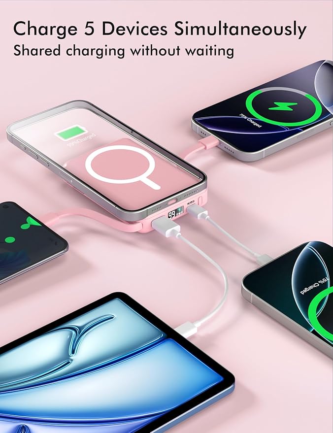 podoru for Magsafe Battery Pack, 10000mAh Magnetic Power Bank Built-in Double USB C Cables 20W PD Fast Charging LED Display Wireless Portable Charger for iPhone 17/16/15/14/13/12 Series-Pink
