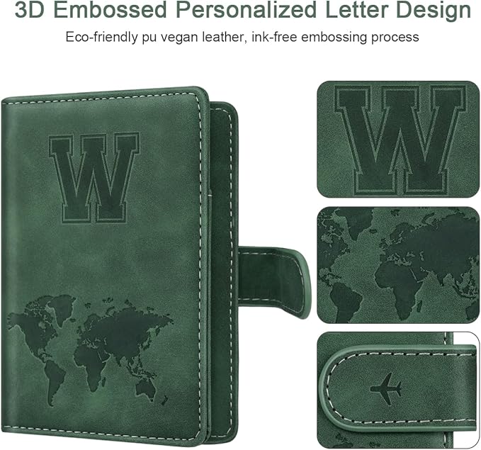 Personalized W Passport Holder Cover Initial Letter Travel Wallet RFID Blocking Passport Cover Credit Card Holder Case Passport Book Holders for Women and Men, Pine Green-W