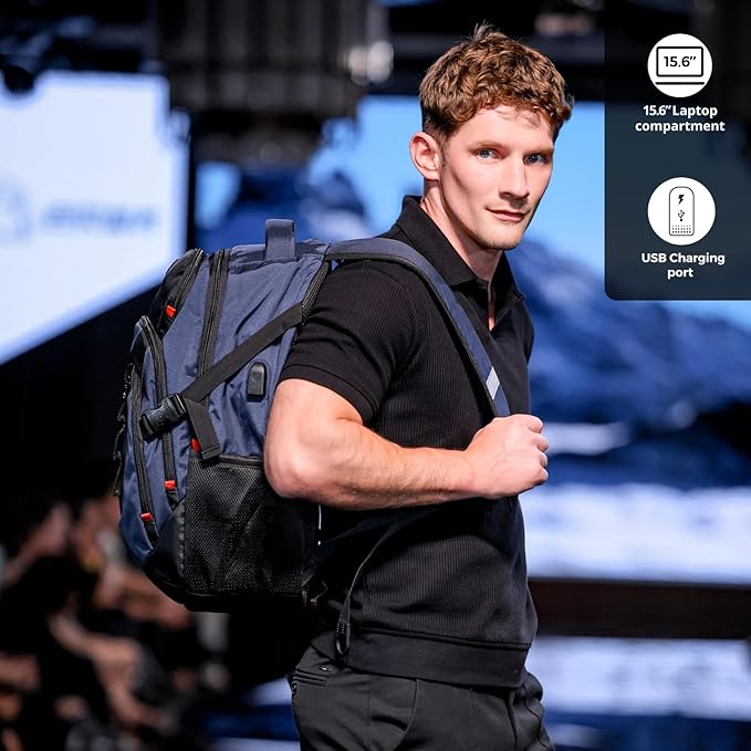Swissdigital Design Laptop Backpack with USB Charging Port, Travel Backpack Fits 15.6 inches Computer, 31L College School Backpack for Men, Blue/Black | SD803-12