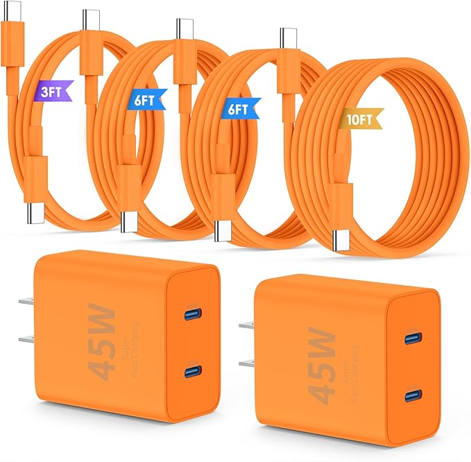 QZIIW Super Fast Samsung Charger Type C,45W Dual Port USB C Fast Charger Block [2-Pack] & Extra Long 60W 3/6/6/10FT USB C Cable - PD Quick Charging 3.0 for Samsung Galaxy S25 Ultra/S24+/S23 iPhone 17