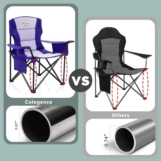 Colegence Heavy Duty Camping Chair for Adults Set of 2, Oversized Heavy People Foldable Outside Camp Chairs, with Cooler Bag Cup Holder, Side Pocket for Lawn,Sport,Outdoor,Deep Purple