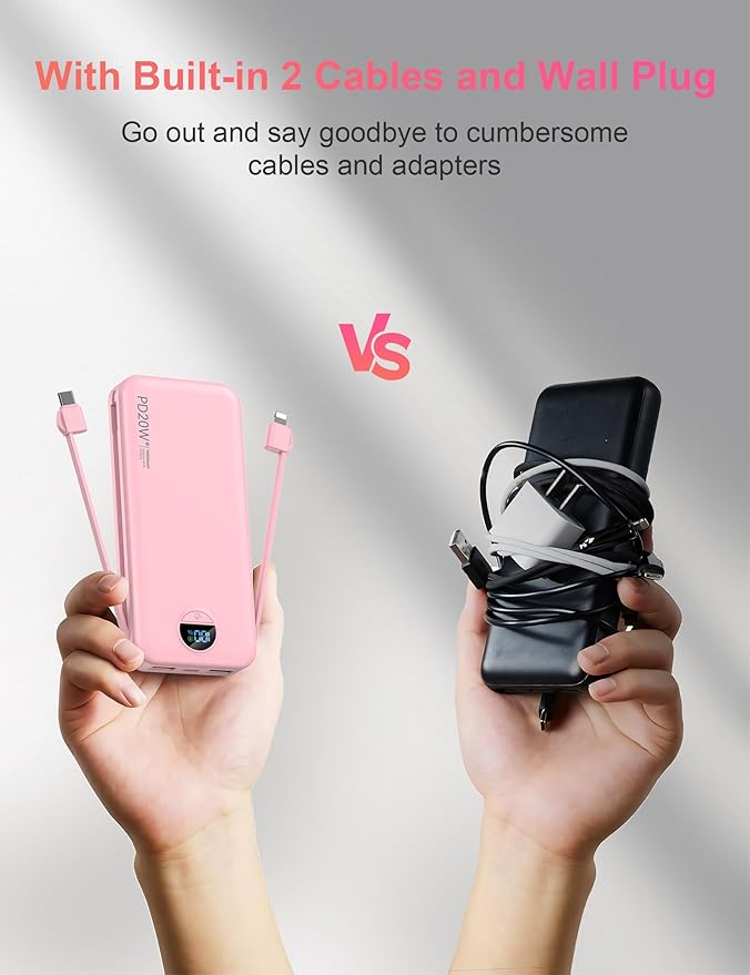Portable Charger with Wall Plug, 10000mAh USB C Power Bank Fast Charging, External Battery Pack with Built in Cables, Digital Display, 5 Output 4 Input for iPhone Android Cell Phone Tablet