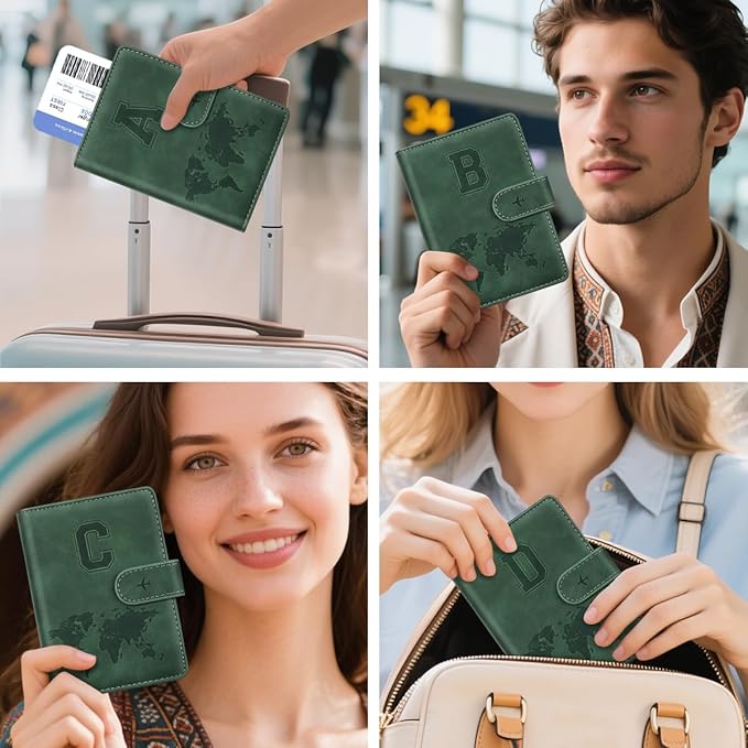 Personalized A Passport Holder Cover Initial Letter Travel Wallet RFID Blocking Passport Cover Credit Card Holder Case Passport Book Holders for Women and Men, Pine Green-A