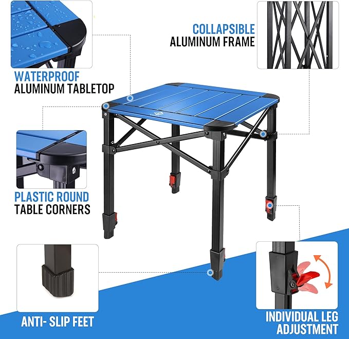 VILLEY Folding Camping Square Table with Carry Bag, Lightweight Aluminum Adjustable Square Table for Outdoor, Camping, Picnic, Backyards, BBQ, Small
