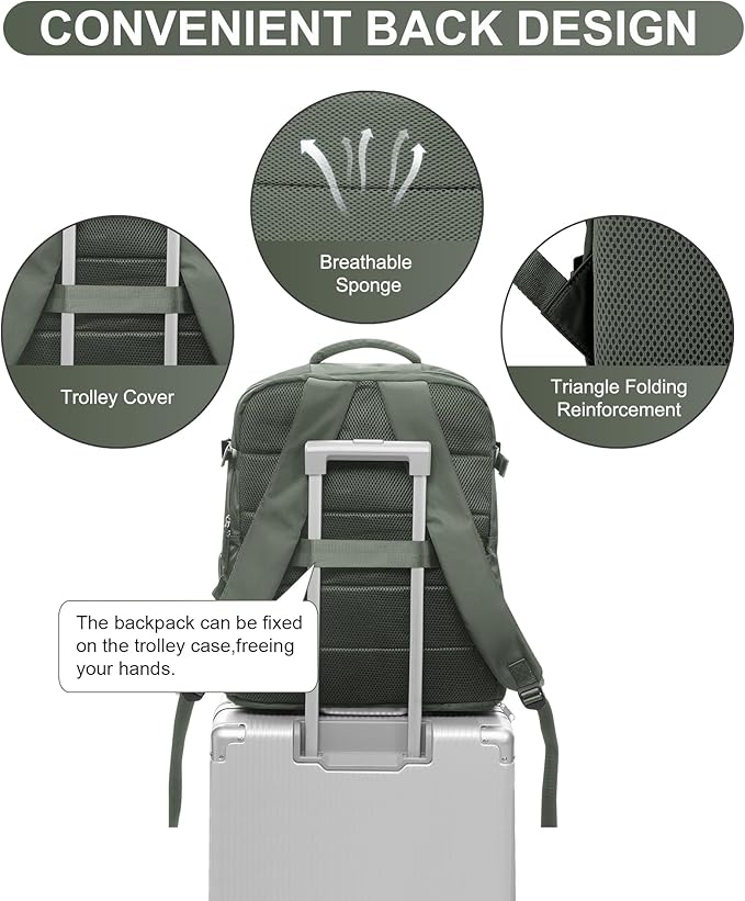 WONHOX Large Travel Backpack Women,Carry On Backpack Flight Approved 18x14x8 inches Bag Spirit Airlines Personal ltem,College Sports Hiking Rucksack Laptop Blackpack mochila de viaje,Green