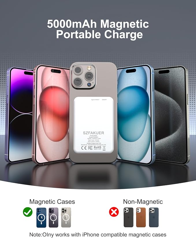 5000mAh Magnetic Portable Charger, Ultra Slim Magnetic Power Bank with USB-C Cable Compatible with iPhone 17/16/15/14/13/12 Series