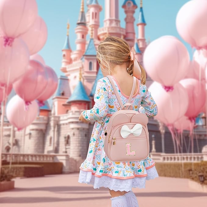 KKXIU Girls Initial Bowknot Cute Mini Backpack for Toddler, Travel Small Girl Backpacks, Personalized Birthday Gifts for Little Girls and Kids(L, Pink)